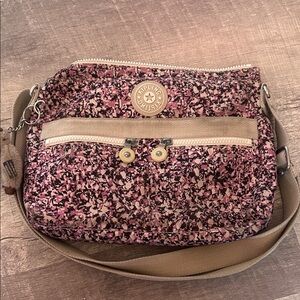 Kipling Pink Confetti Print Crossbody Bag with grey Strap